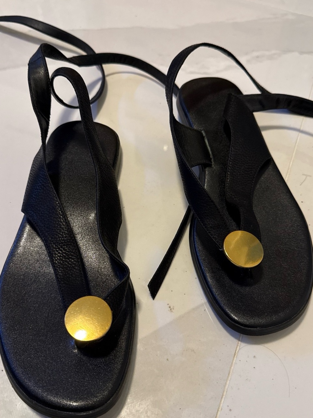 Black Leather Thong tie up Sandals with Gold Disc Accent